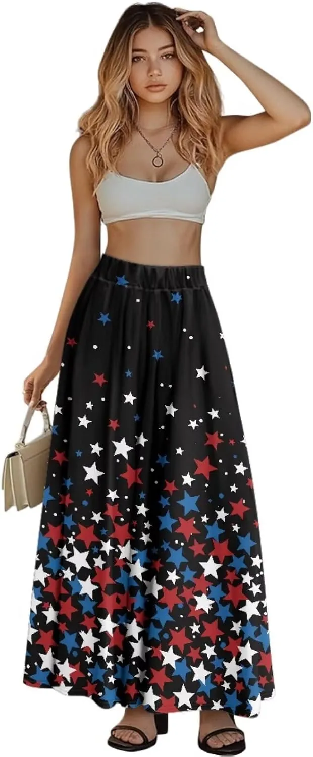 Yewattles Womens Elastic High Waist Pleated A-Line Flowy Swing Maxi Long Skirt Dress with Pockets
