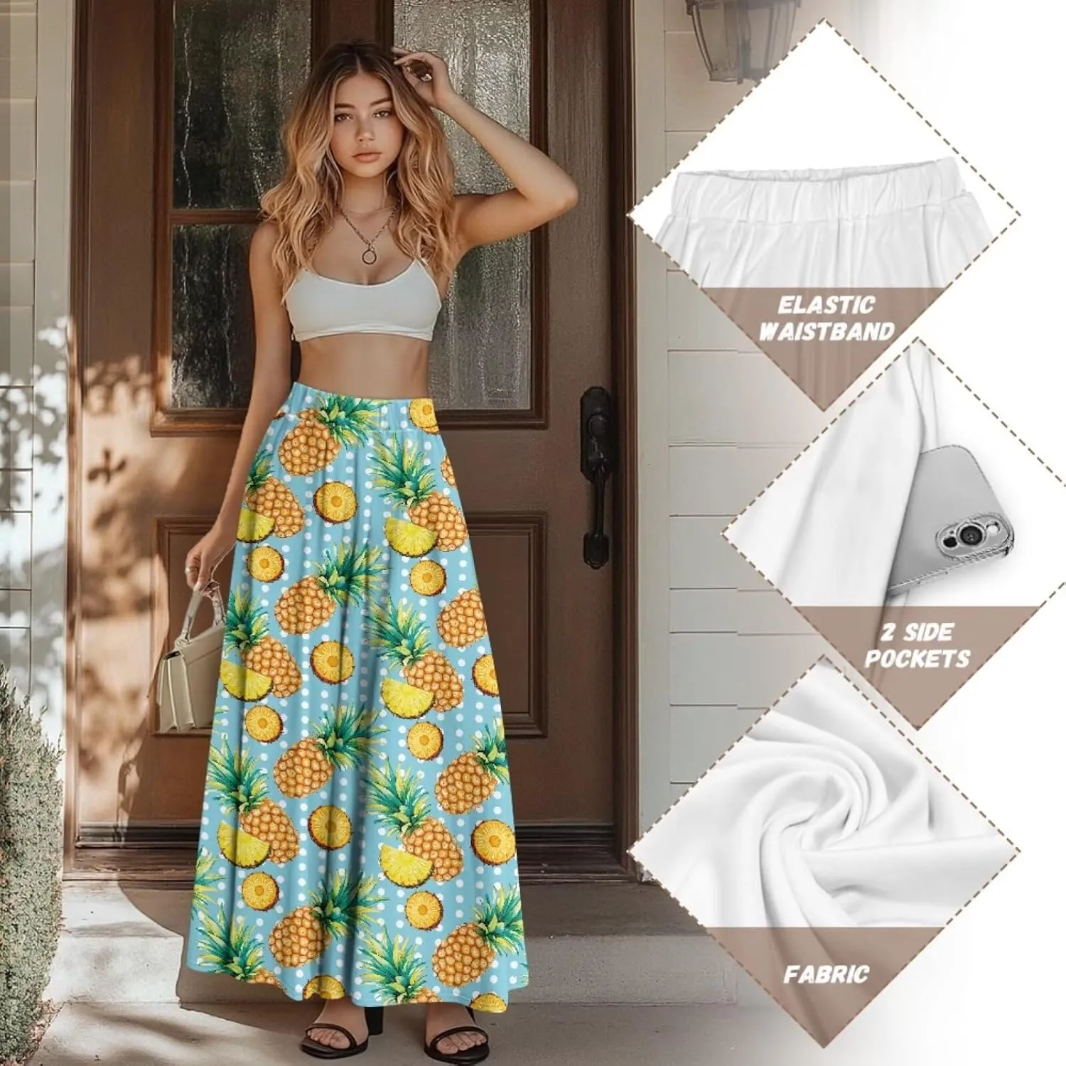 Yewattles Womens Elastic High Waist Pleated A-Line Flowy Swing Maxi Long Skirt Dress with Pockets