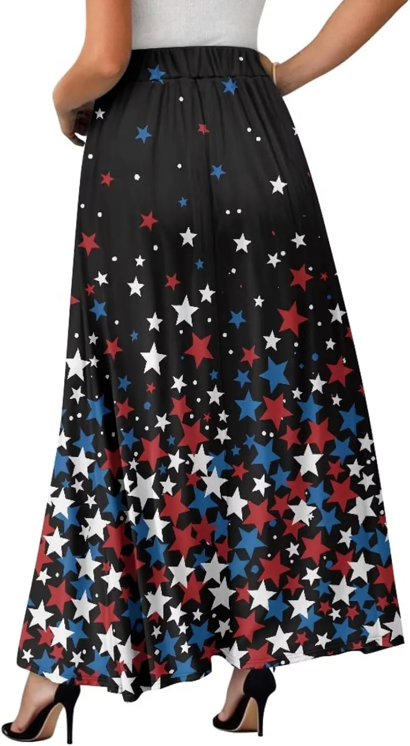 Yewattles Womens Elastic High Waist Pleated A-Line Flowy Swing Maxi Long Skirt Dress with Pockets