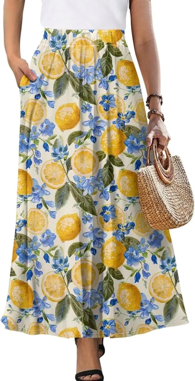 Yewattles Womens Elastic High Waist Pleated A-Line Flowy Swing Maxi Long Skirt Dress with Pockets