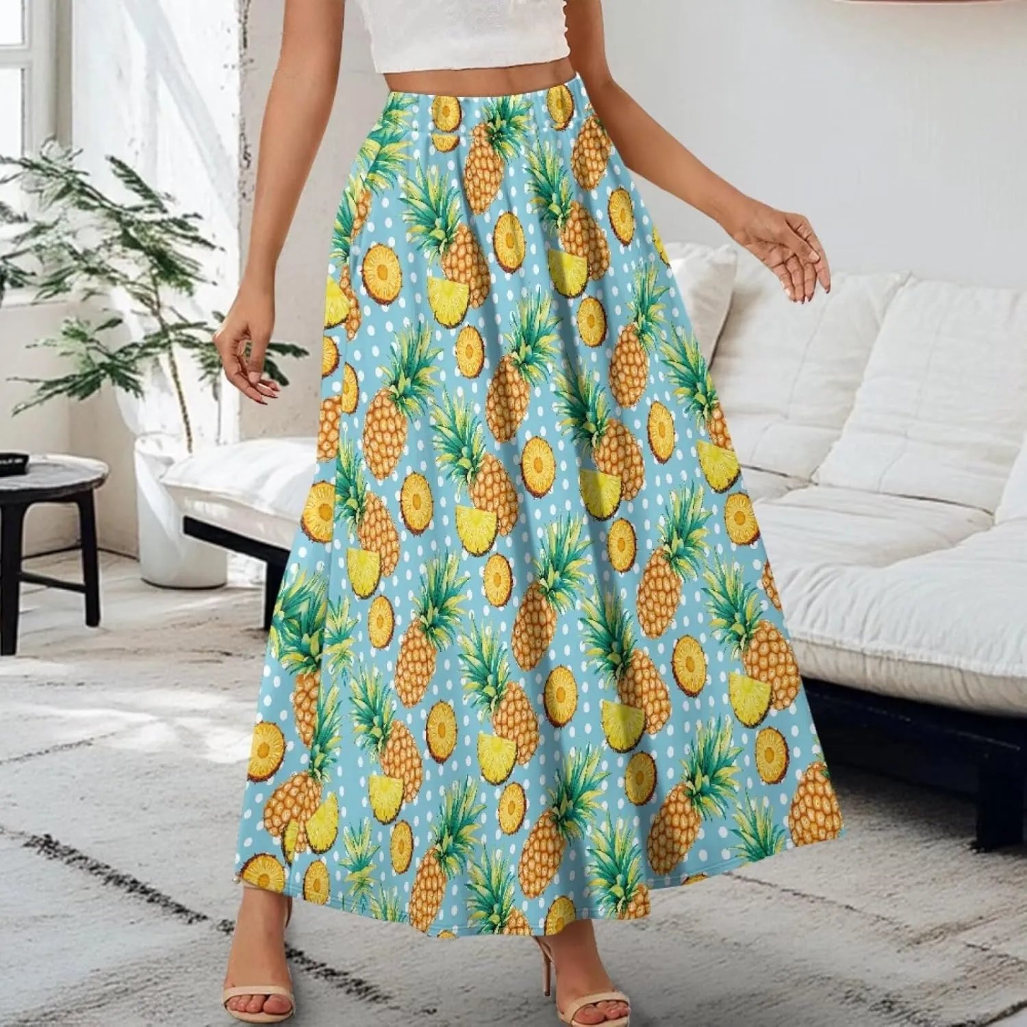Yewattles Womens Elastic High Waist Pleated A-Line Flowy Swing Maxi Long Skirt Dress with Pockets