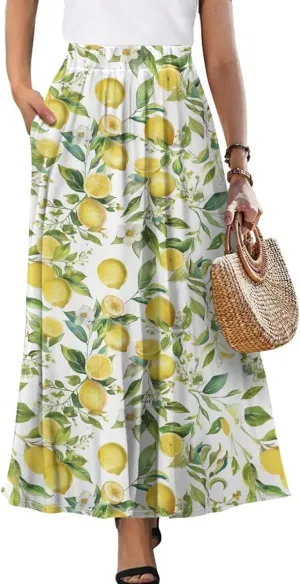 Yewattles Womens Elastic High Waist Pleated A-Line Flowy Swing Maxi Long Skirt Dress with Pockets