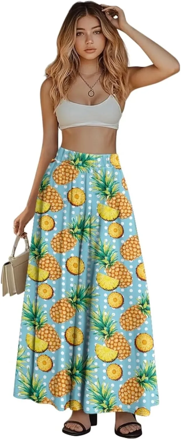 Yewattles Womens Elastic High Waist Pleated A-Line Flowy Swing Maxi Long Skirt Dress with Pockets
