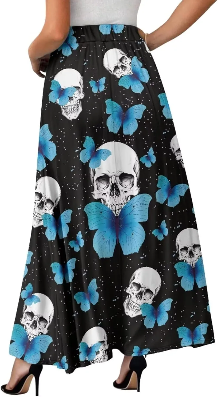 Yewattles Womens Printed Double Pocket Skirt Casual Long Maxi Skirt with Double Pockets Swing Dress