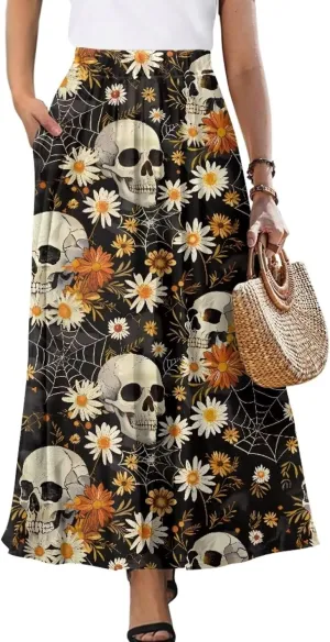 Yewattles Womens Printed Double Pocket Skirt Casual Long Maxi Skirt with Double Pockets Swing Dress