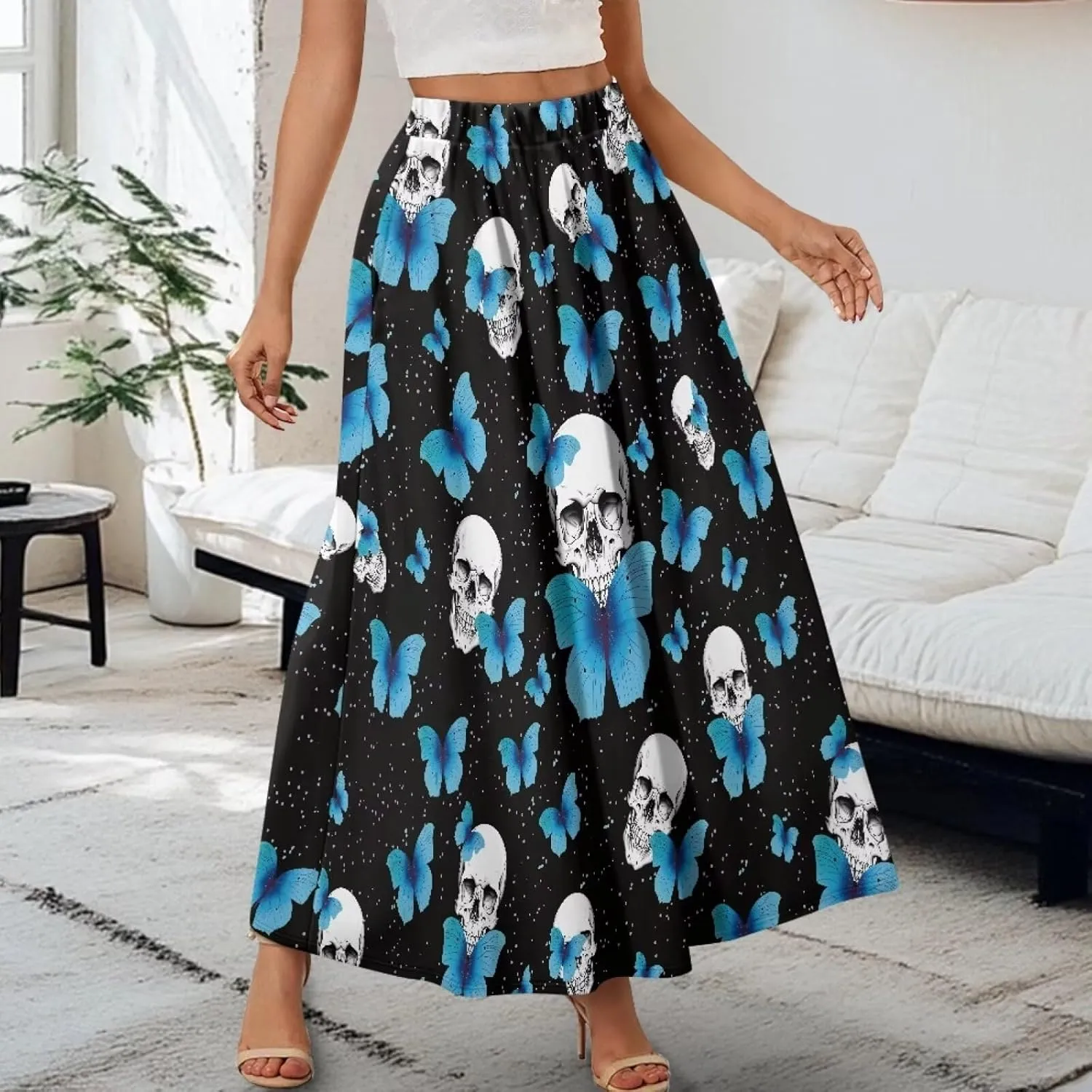Yewattles Womens Printed Double Pocket Skirt Casual Long Maxi Skirt with Double Pockets Swing Dress