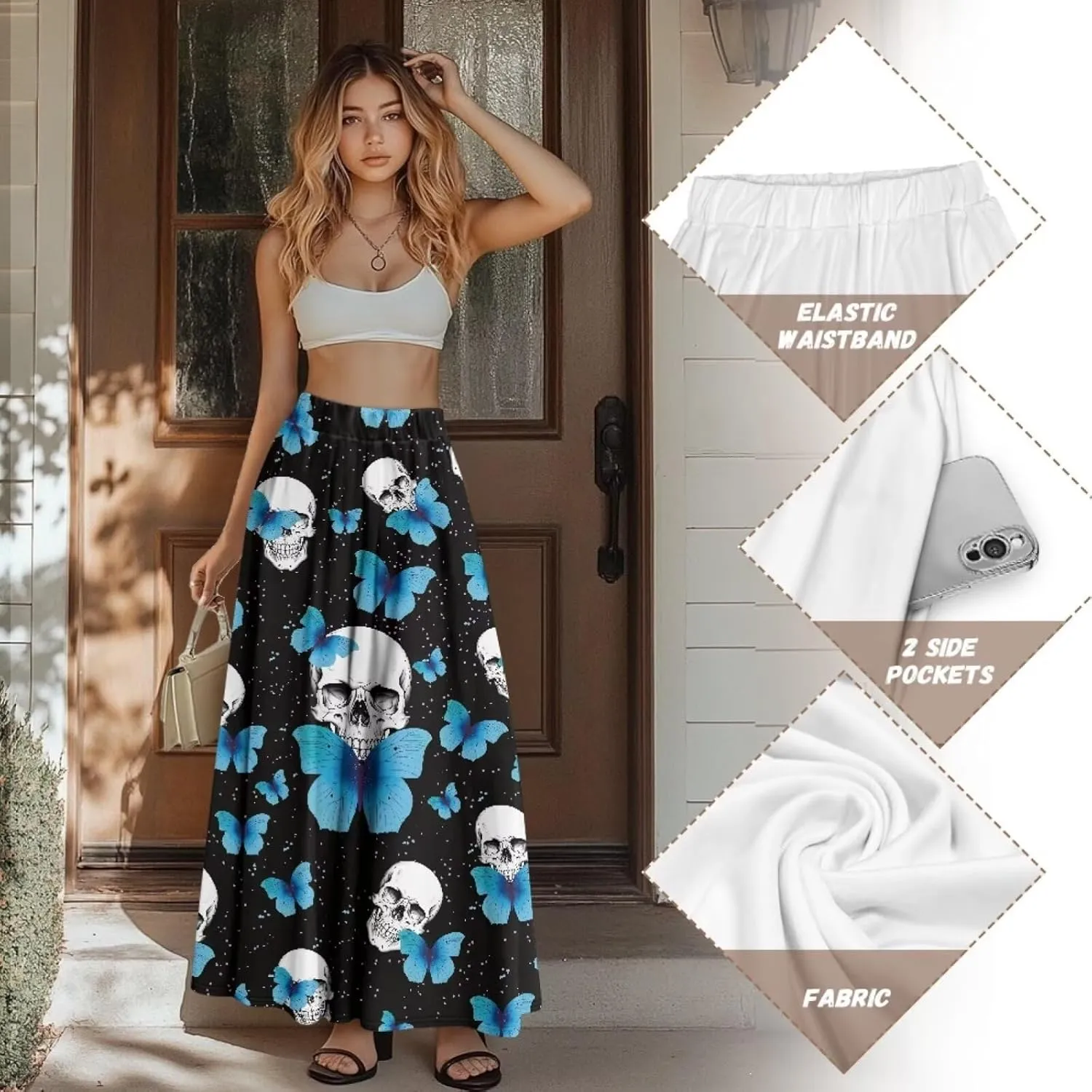 Yewattles Womens Printed Double Pocket Skirt Casual Long Maxi Skirt with Double Pockets Swing Dress