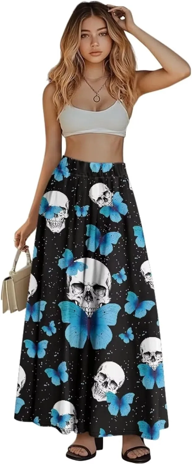 Yewattles Womens Printed Double Pocket Skirt Casual Long Maxi Skirt with Double Pockets Swing Dress