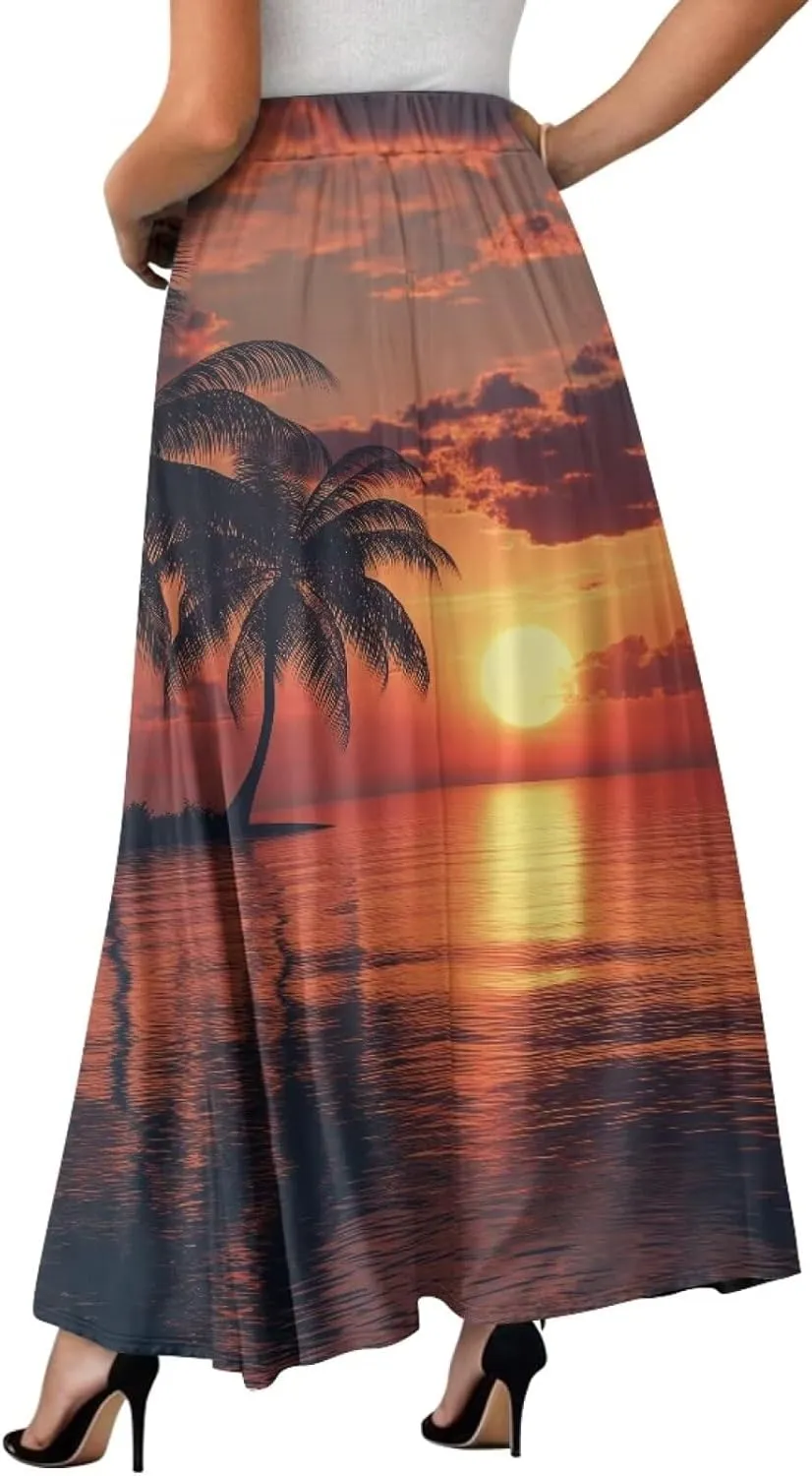 Yewattles Womens Printed Double Pocket Skirt Casual Long Maxi Skirt with Double Pockets Swing Dress
