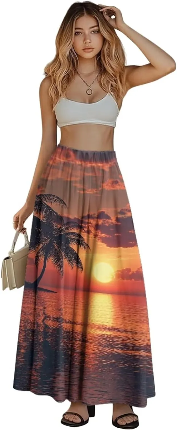 Yewattles Womens Printed Double Pocket Skirt Casual Long Maxi Skirt with Double Pockets Swing Dress