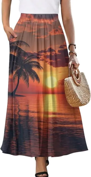 Yewattles Womens Printed Double Pocket Skirt Casual Long Maxi Skirt with Double Pockets Swing Dress