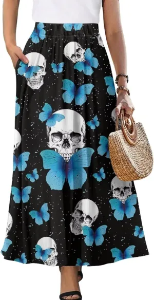 Yewattles Womens Printed Double Pocket Skirt Casual Long Maxi Skirt with Double Pockets Swing Dress