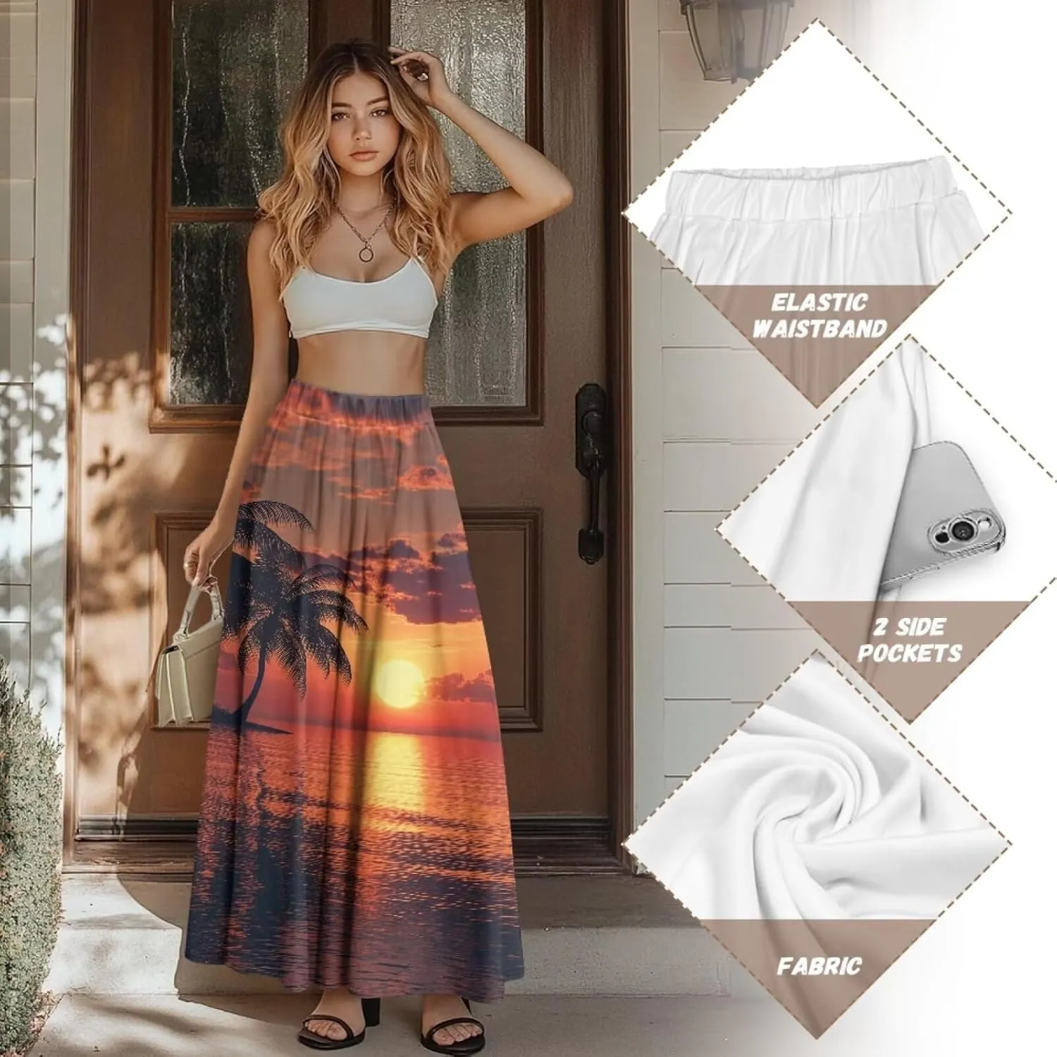 Yewattles Womens Printed Double Pocket Skirt Casual Long Maxi Skirt with Double Pockets Swing Dress