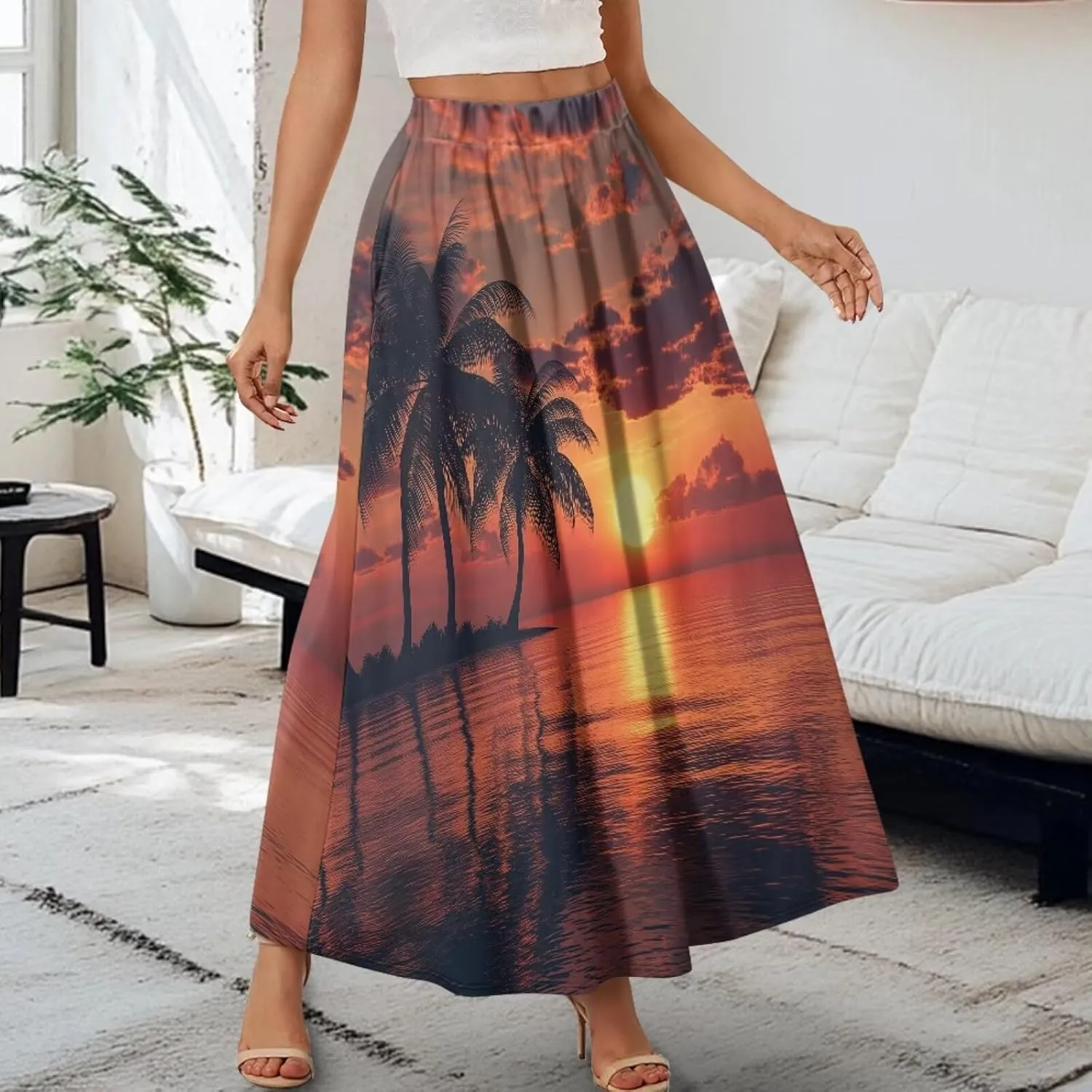 Yewattles Womens Printed Double Pocket Skirt Casual Long Maxi Skirt with Double Pockets Swing Dress