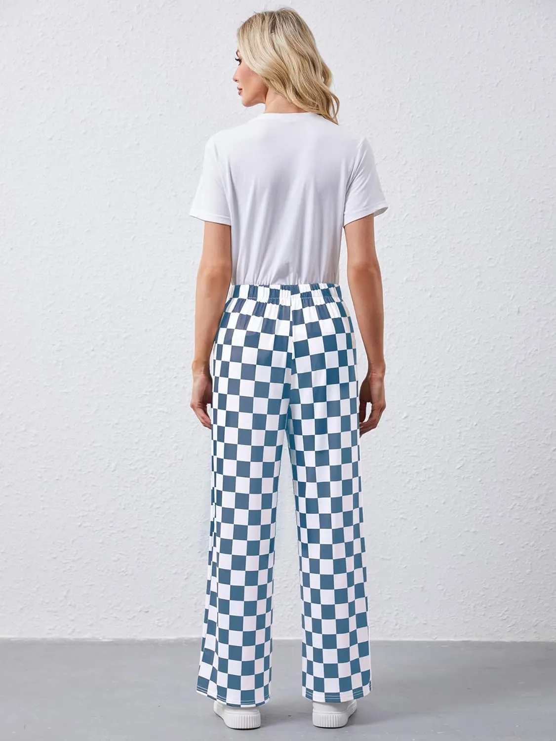 YKR Checkered Pants Women Casual Loose Wide Leg Straight Lounge Comfy Y2K Gingham Pants with Pockets