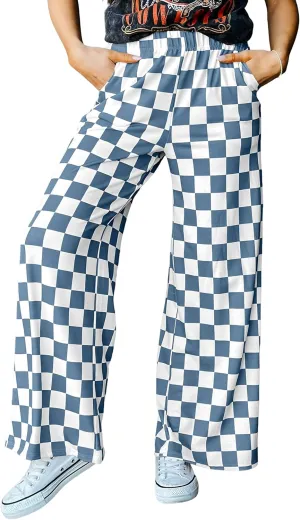 YKR Checkered Pants Women Casual Loose Wide Leg Straight Lounge Comfy Y2K Gingham Pants with Pockets