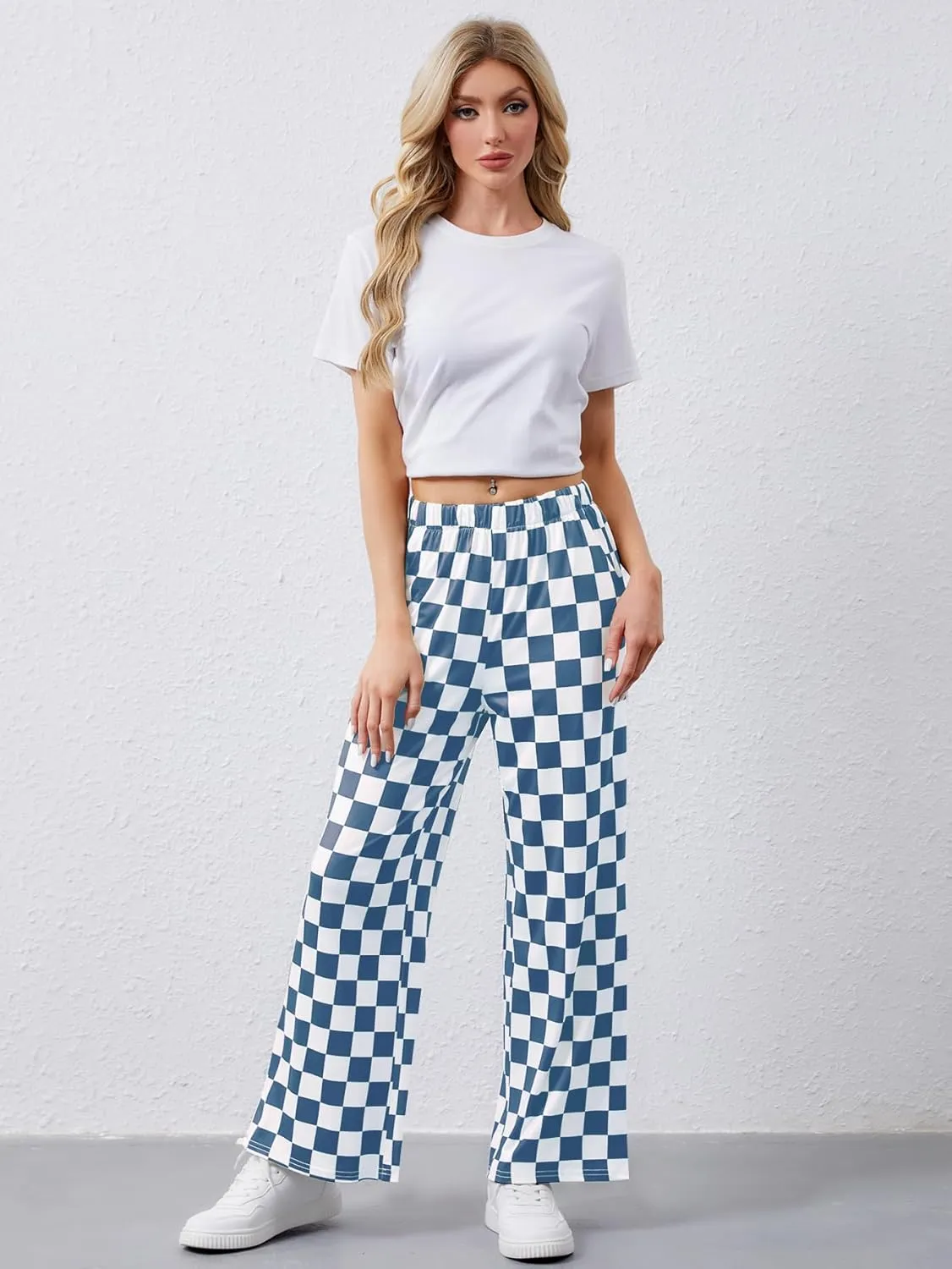 YKR Checkered Pants Women Casual Loose Wide Leg Straight Lounge Comfy Y2K Gingham Pants with Pockets