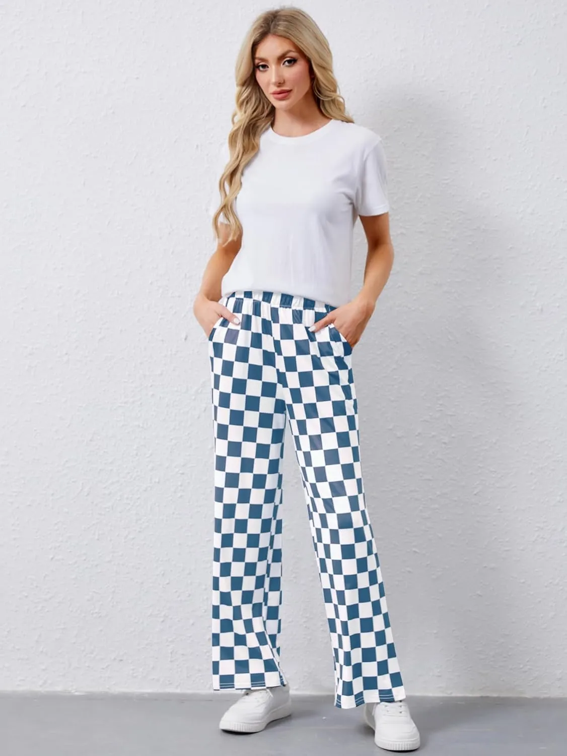 YKR Checkered Pants Women Casual Loose Wide Leg Straight Lounge Comfy Y2K Gingham Pants with Pockets