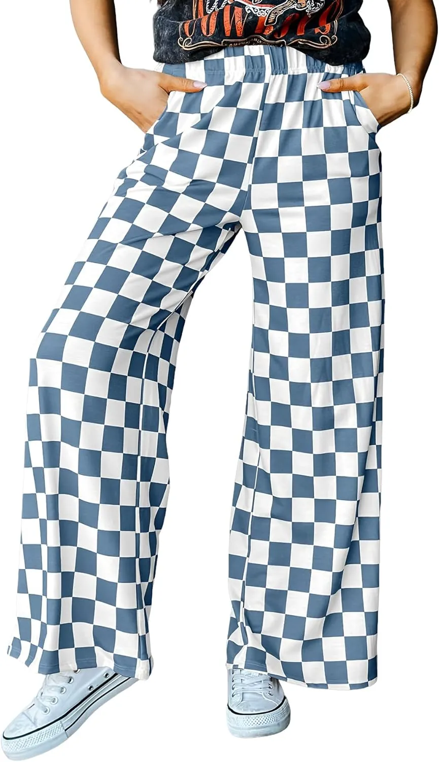 YKR Checkered Pants Women Casual Loose Wide Leg Straight Lounge Comfy Y2K Gingham Pants with Pockets