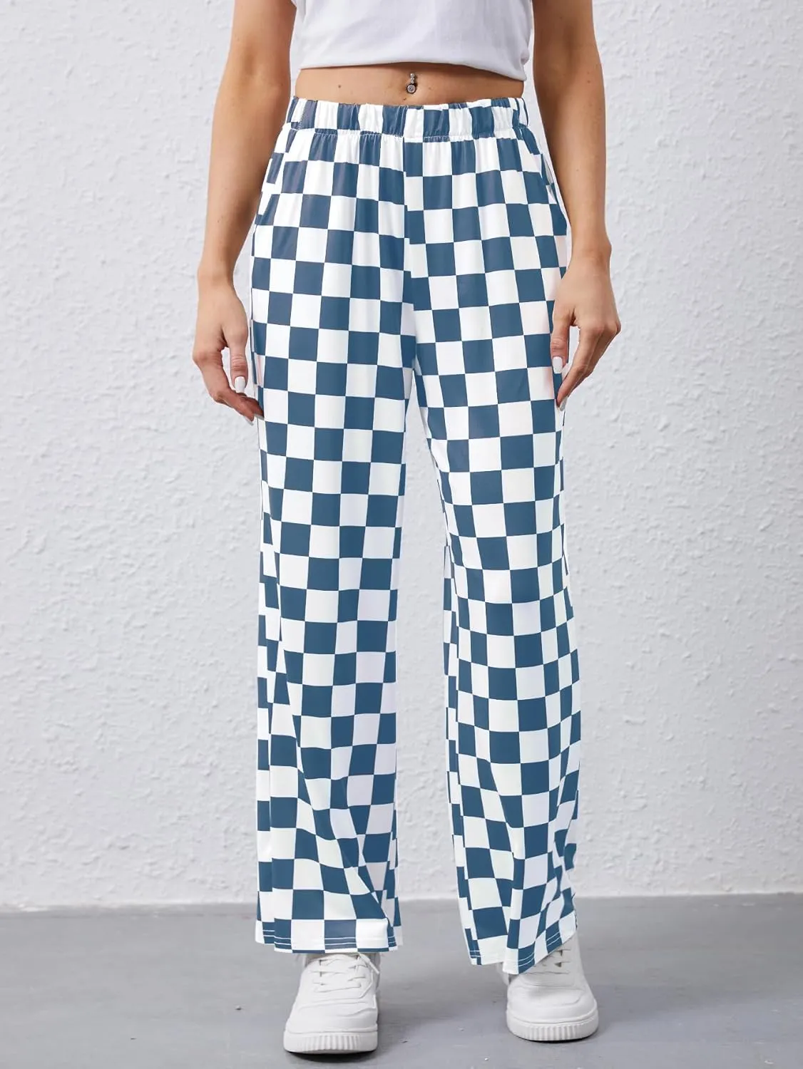 YKR Checkered Pants Women Casual Loose Wide Leg Straight Lounge Comfy Y2K Gingham Pants with Pockets