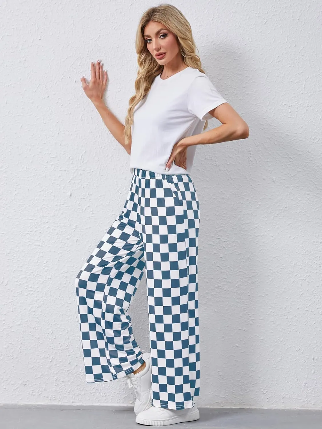 YKR Checkered Pants Women Casual Loose Wide Leg Straight Lounge Comfy Y2K Gingham Pants with Pockets