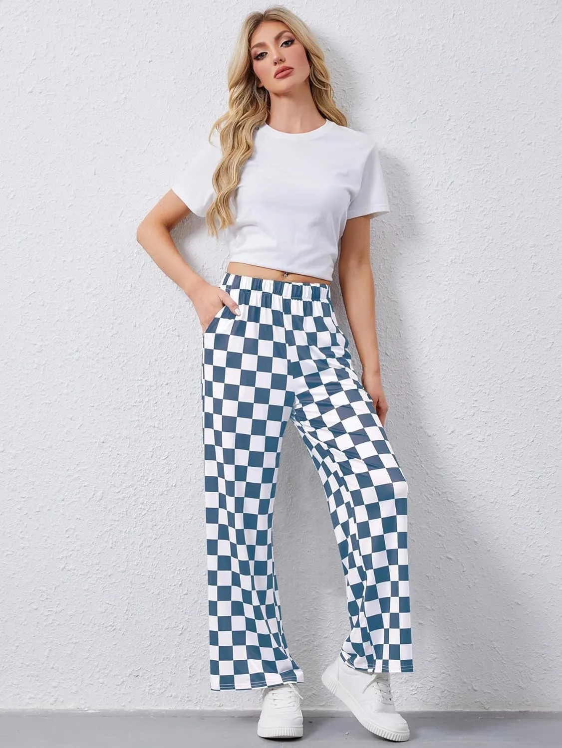 YKR Checkered Pants Women Casual Loose Wide Leg Straight Lounge Comfy Y2K Gingham Pants with Pockets