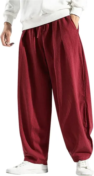 Ymosrh Mens Jeans Solid Color Linen Harem Pants Cotton Casual Trousers Wide Leg Pants Chino for Men