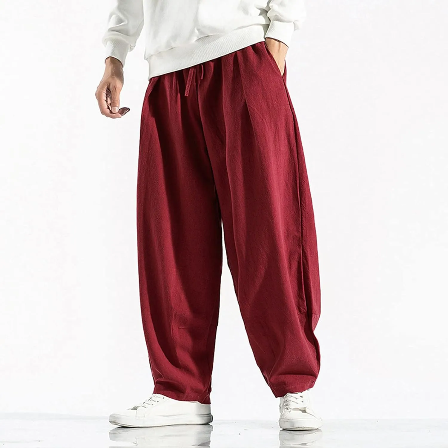 Ymosrh Mens Jeans Solid Color Linen Harem Pants Cotton Casual Trousers Wide Leg Pants Chino for Men