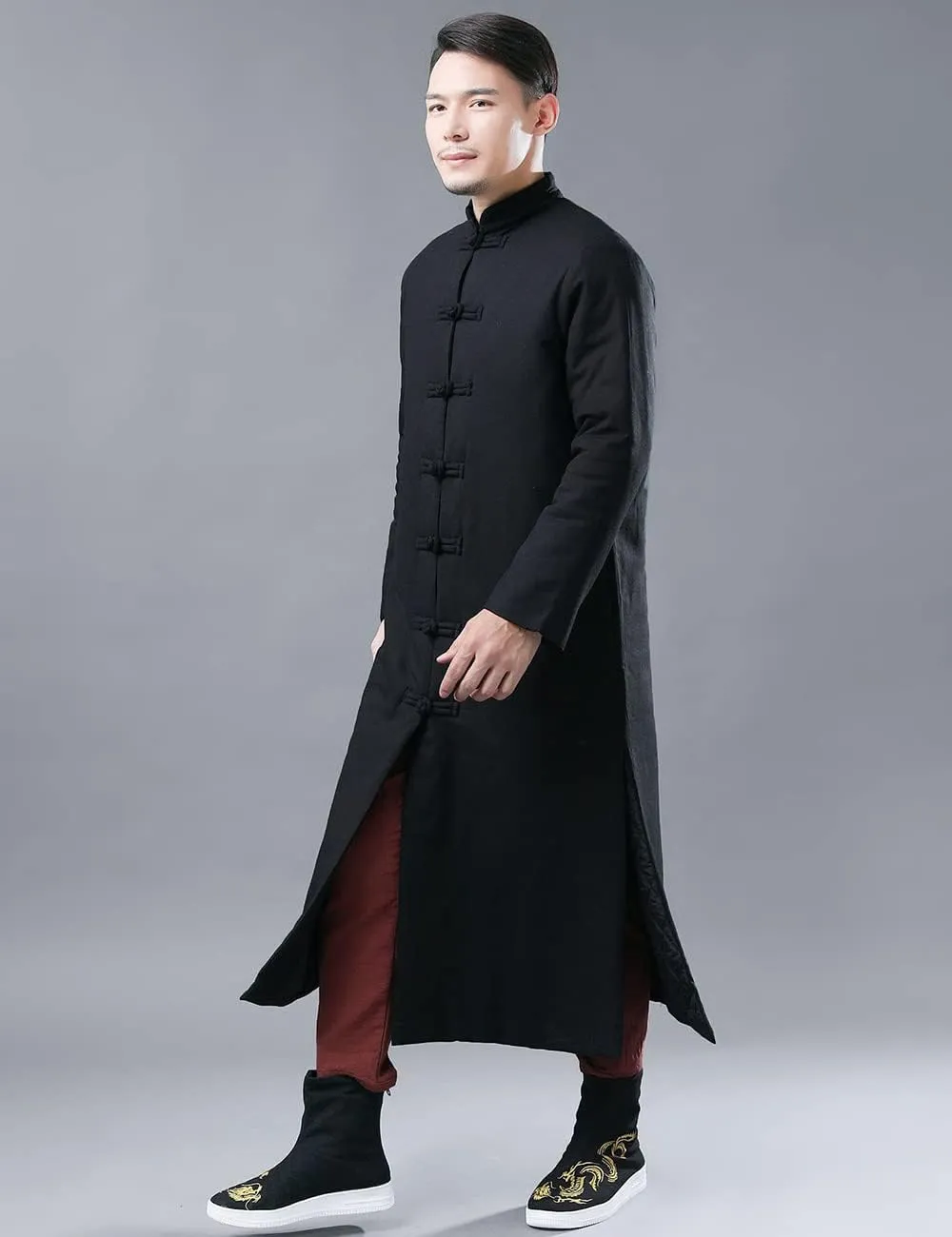 Ystylee Men's Winter Warm Parka Outwear Long Jacket Thick Quilted Traditional Chinese Tang Suit Style Overcoat