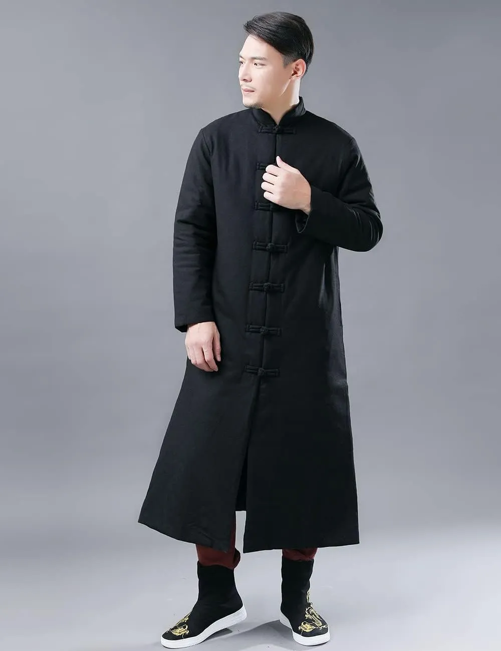 Ystylee Men's Winter Warm Parka Outwear Long Jacket Thick Quilted Traditional Chinese Tang Suit Style Overcoat
