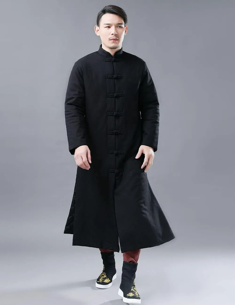 Ystylee Men's Winter Warm Parka Outwear Long Jacket Thick Quilted Traditional Chinese Tang Suit Style Overcoat