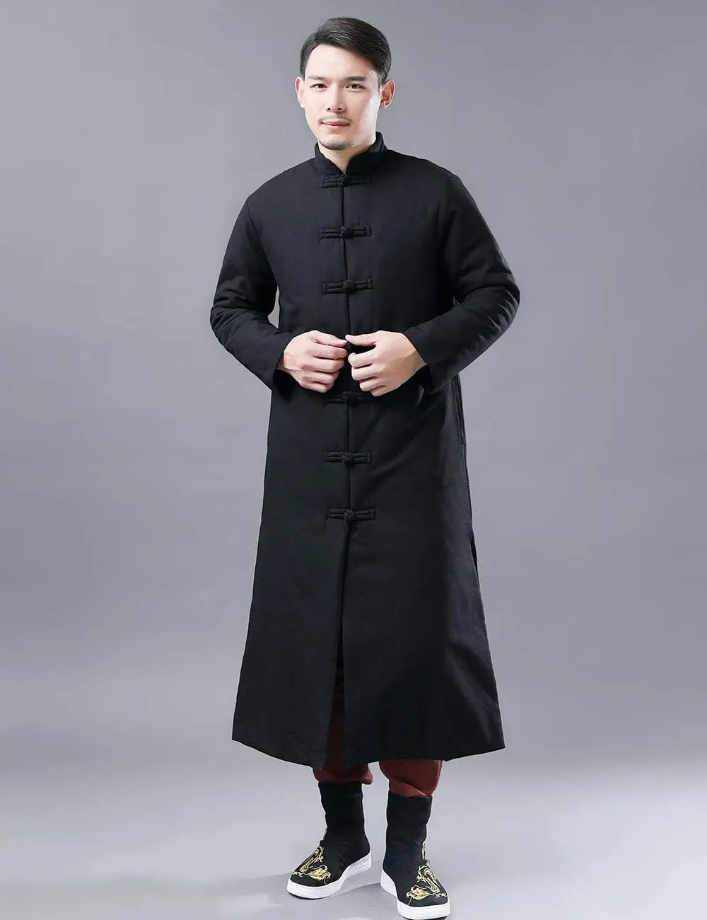 Ystylee Men's Winter Warm Parka Outwear Long Jacket Thick Quilted Traditional Chinese Tang Suit Style Overcoat