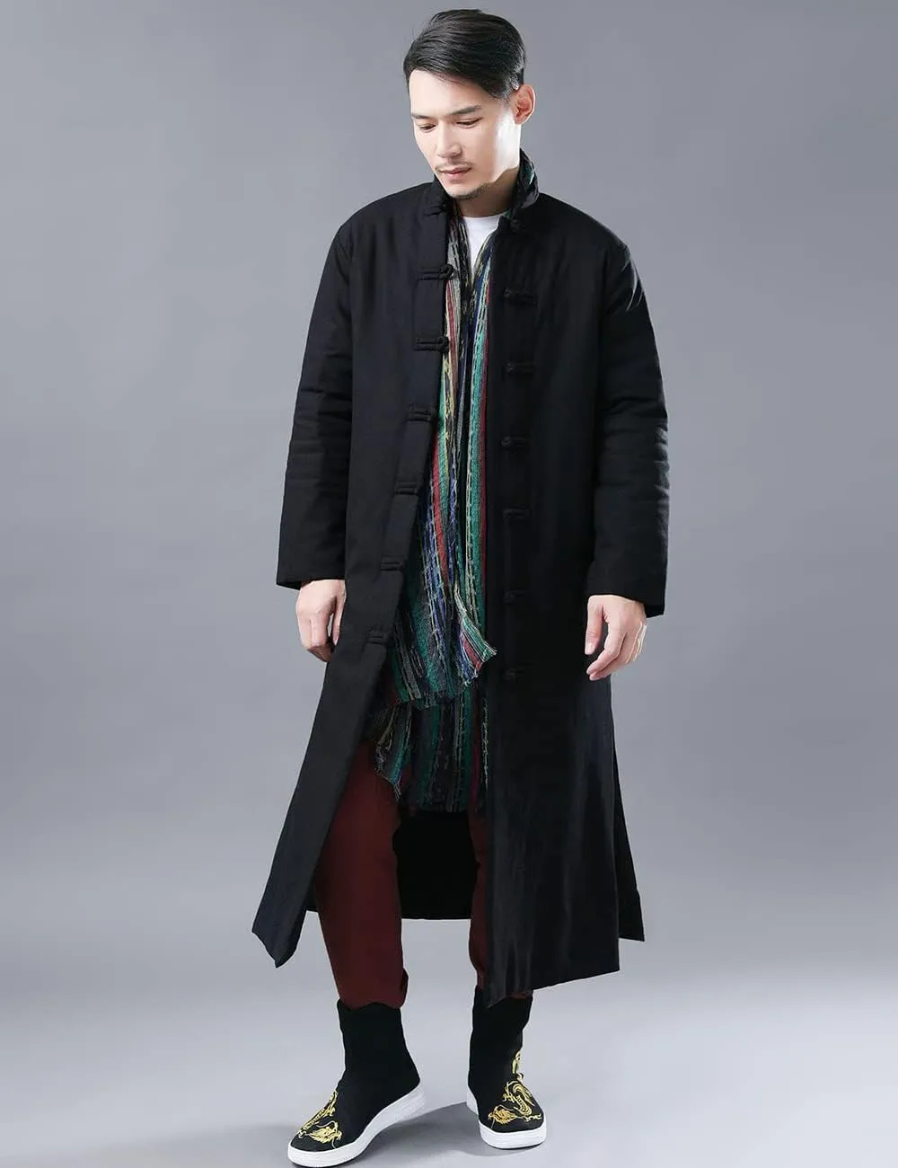 Ystylee Men's Winter Warm Parka Outwear Long Jacket Thick Quilted Traditional Chinese Tang Suit Style Overcoat