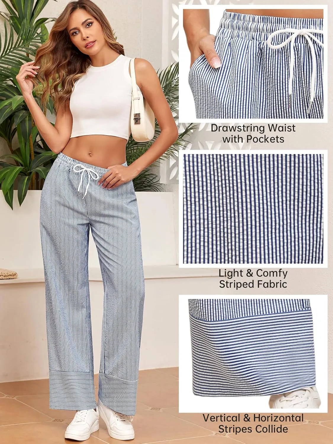 ZAFUL 2025 Womens Striped Linen Pants Cute Vintage Y2K Summer Beach Ankle Pants with Pockets, Comfy PJ Trousers
