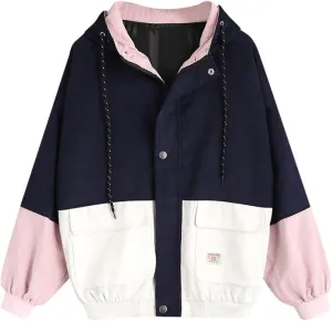ZAFUL Women's Corduroy Loose Jacket Vintage Raglan Sleeve Casual Coat Hooded Windbreaker