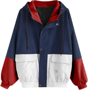 ZAFUL Women's Corduroy Loose Jacket Vintage Raglan Sleeve Casual Coat Hooded Windbreaker