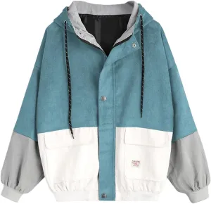 ZAFUL Women's Corduroy Loose Jacket Vintage Raglan Sleeve Casual Coat Hooded Windbreaker