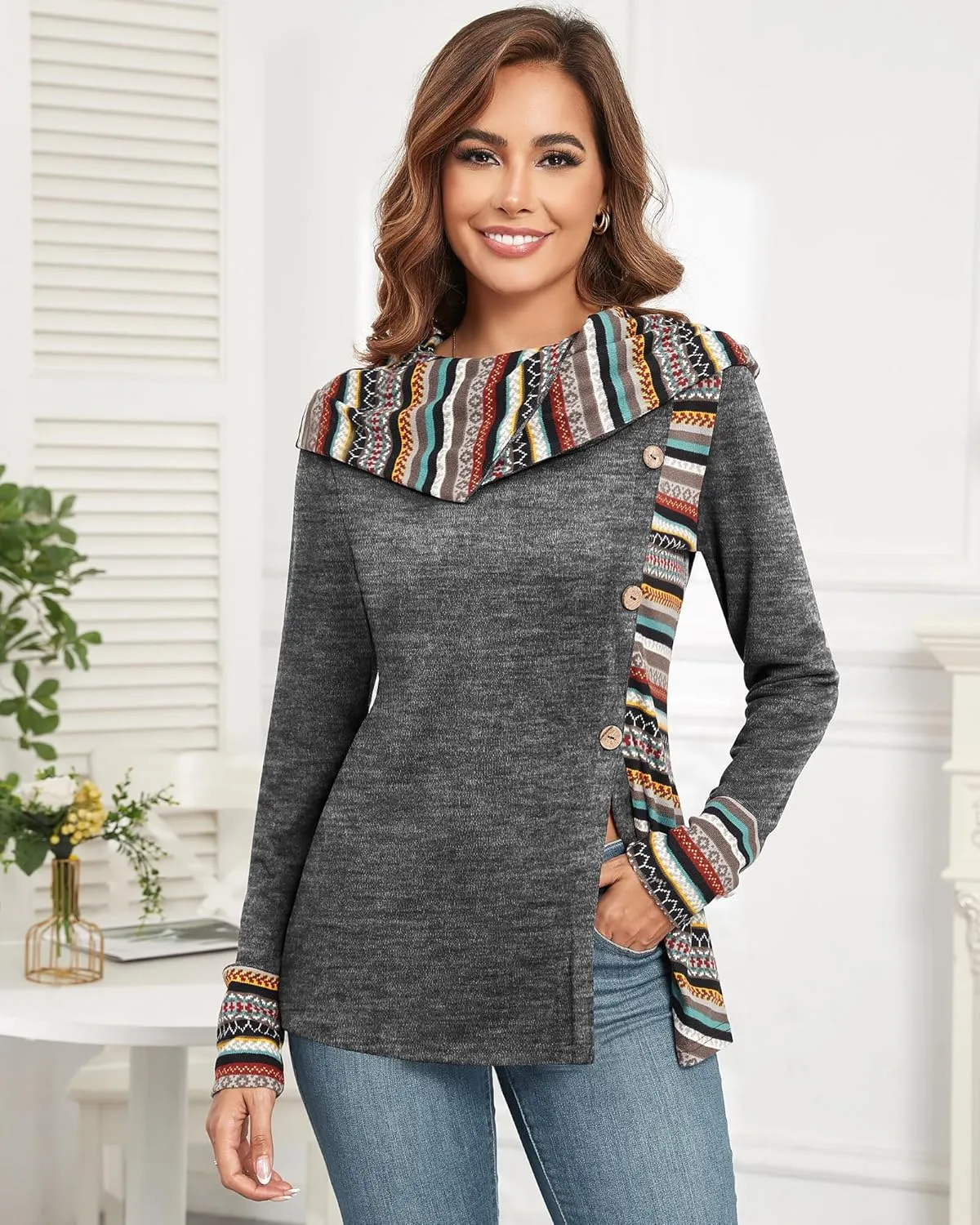 ZAFUL Women's Hoodies Long Sleeve Cowl Neck Button Hooded Shirts Knit Tops 2024 Fall Outfits Casual Boho Pullover Sweatshirt