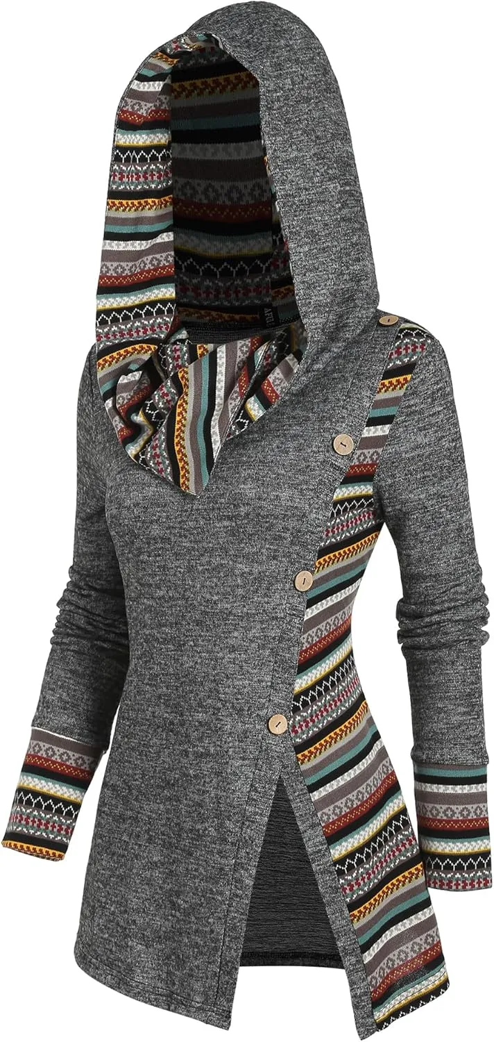 ZAFUL Women's Hoodies Long Sleeve Cowl Neck Button Hooded Shirts Knit Tops 2024 Fall Outfits Casual Boho Pullover Sweatshirt