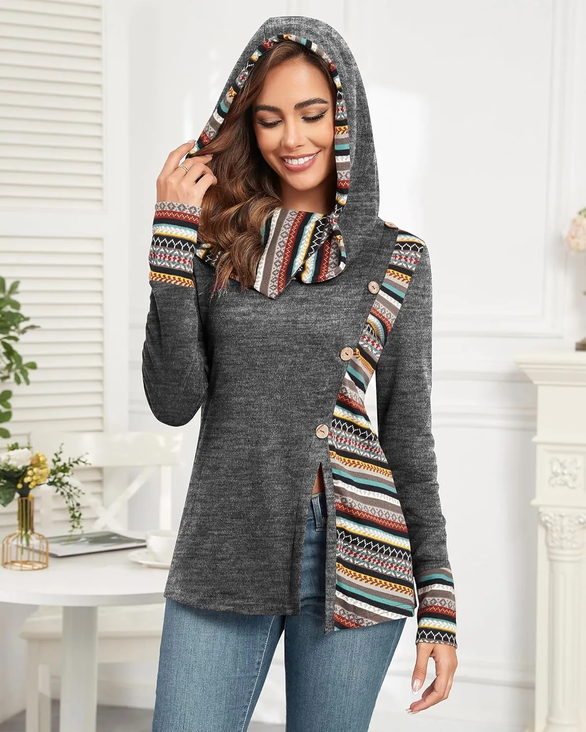 ZAFUL Women's Hoodies Long Sleeve Cowl Neck Button Hooded Shirts Knit Tops 2024 Fall Outfits Casual Boho Pullover Sweatshirt