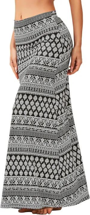 Zando Long Skirts for Women Trendy Dresses High Waisted Maxi Skirt Casual Workout Stretchy Flared Flower Skirt for Girls