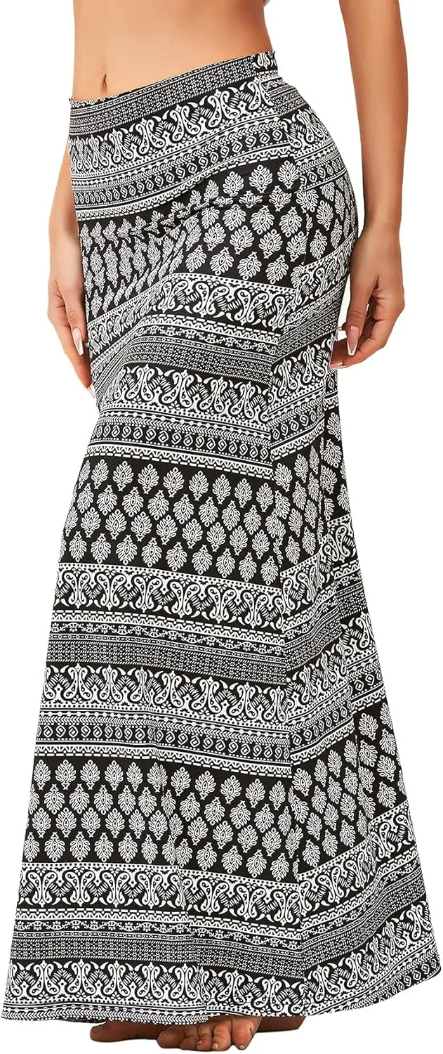 Zando Long Skirts for Women Trendy Dresses High Waisted Maxi Skirt Casual Workout Stretchy Flared Flower Skirt for Girls