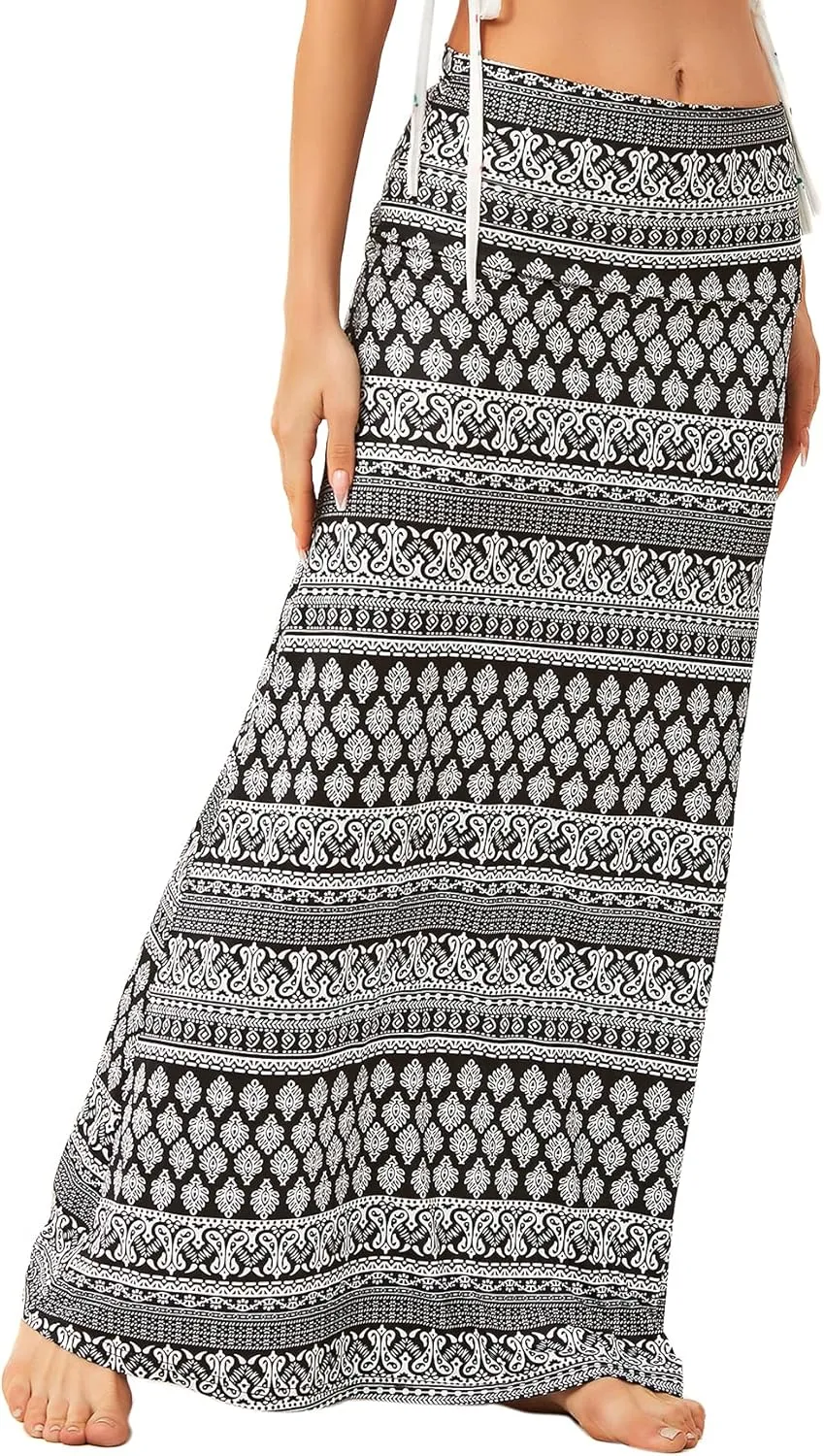Zando Long Skirts for Women Trendy Dresses High Waisted Maxi Skirt Casual Workout Stretchy Flared Flower Skirt for Girls