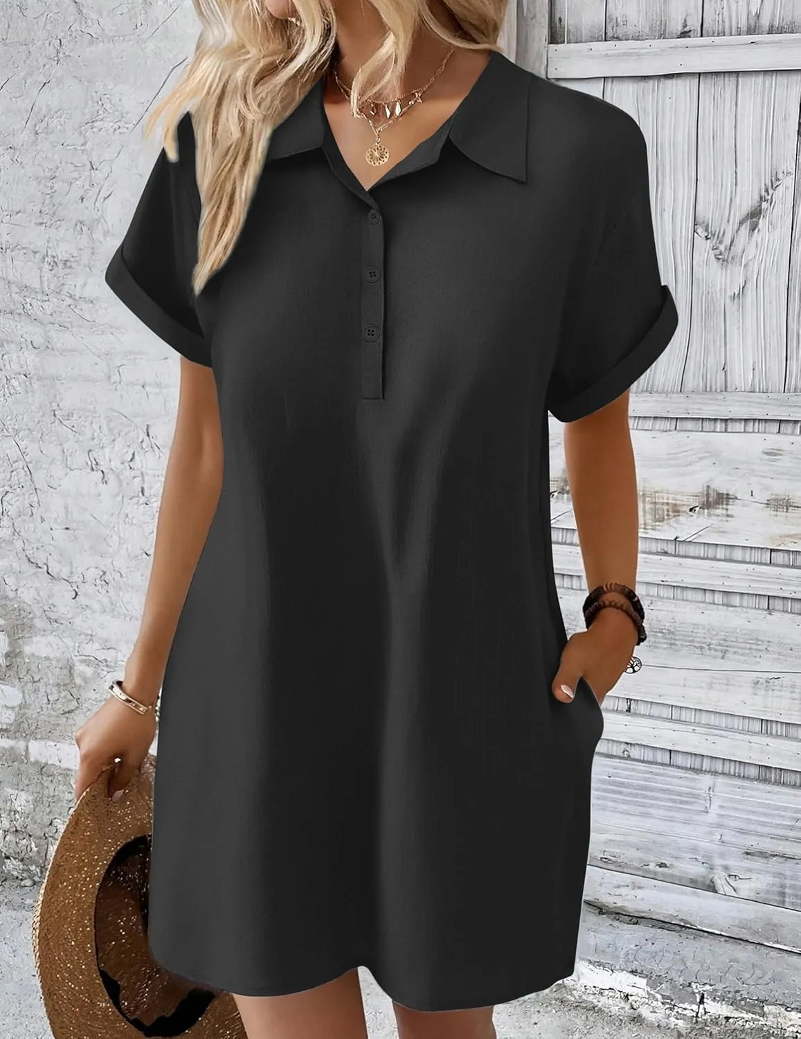 Zeagoo Womens Cotton Shirt Dress Summer Casual Short Sleeve Button Down Beach Cover Up Shirts with Pockets
