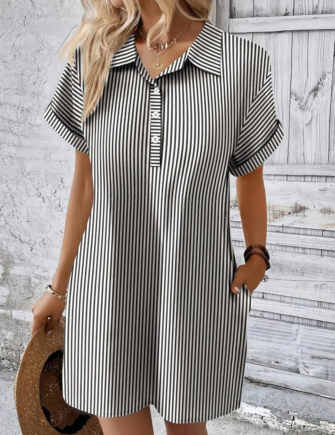 Zeagoo Womens Cotton Shirt Dress Summer Casual Short Sleeve Button Down Beach Cover Up Shirts with Pockets