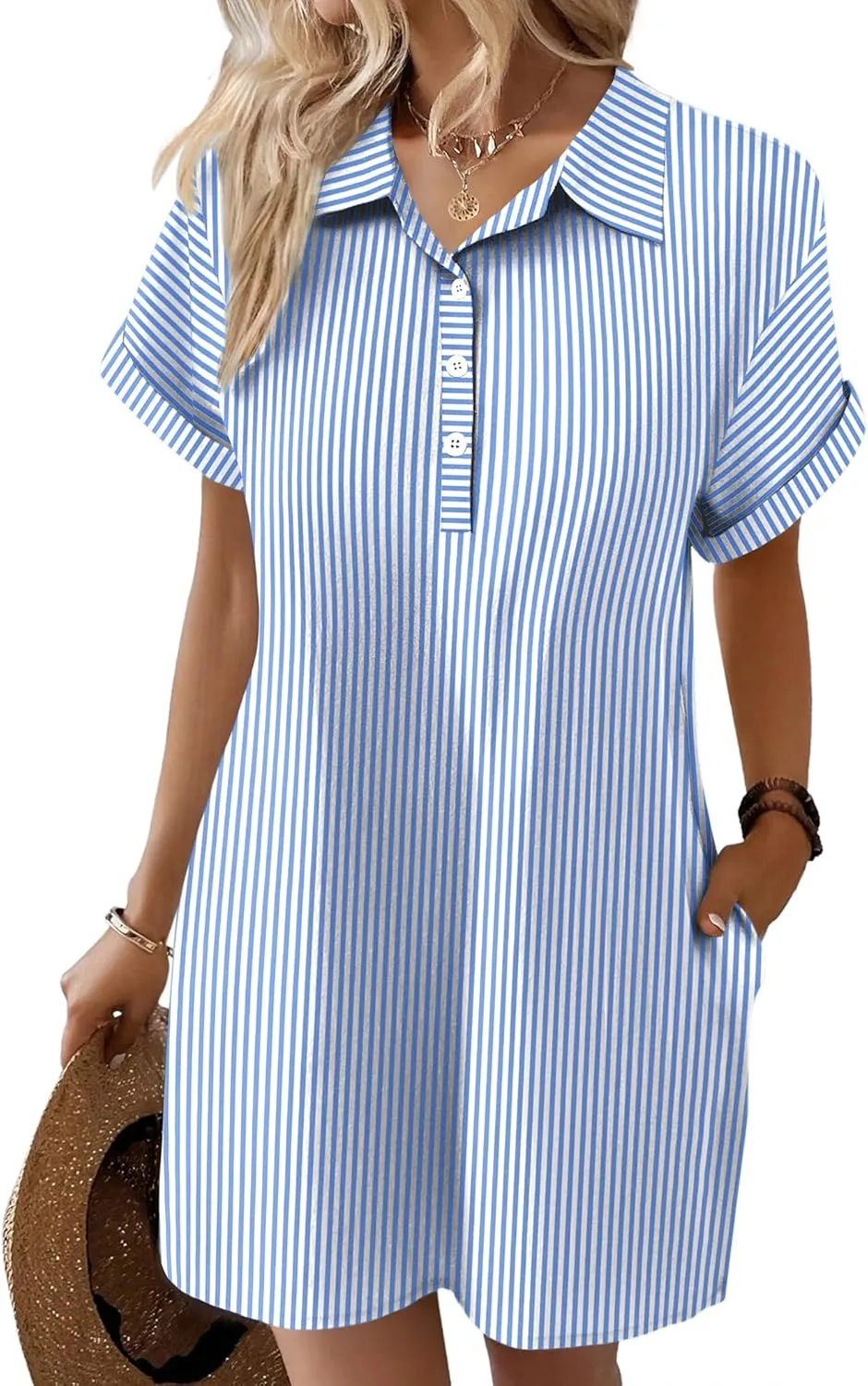 Zeagoo Womens Cotton Shirt Dress Summer Casual Short Sleeve Button Down Beach Cover Up Shirts with Pockets