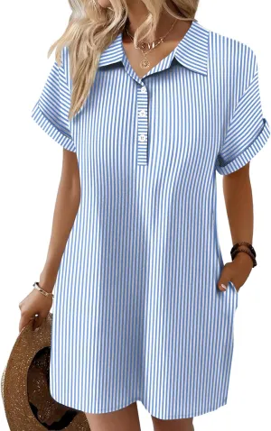 Zeagoo Womens Cotton Shirt Dress Summer Casual Short Sleeve Button Down Beach Cover Up Shirts with Pockets