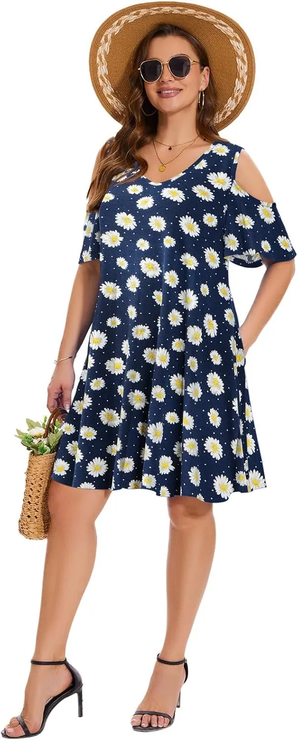 ZENNILO Plus Size Tshirt Dress Cold Shoulder Summer Dresses V Neck Short Sleeve Swing Dress for Women with Pockets