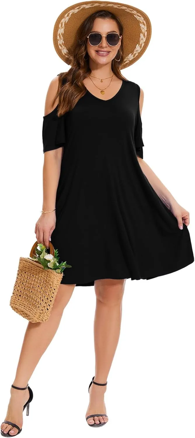ZENNILO Plus Size Tshirt Dress Cold Shoulder Summer Dresses V Neck Short Sleeve Swing Dress for Women with Pockets