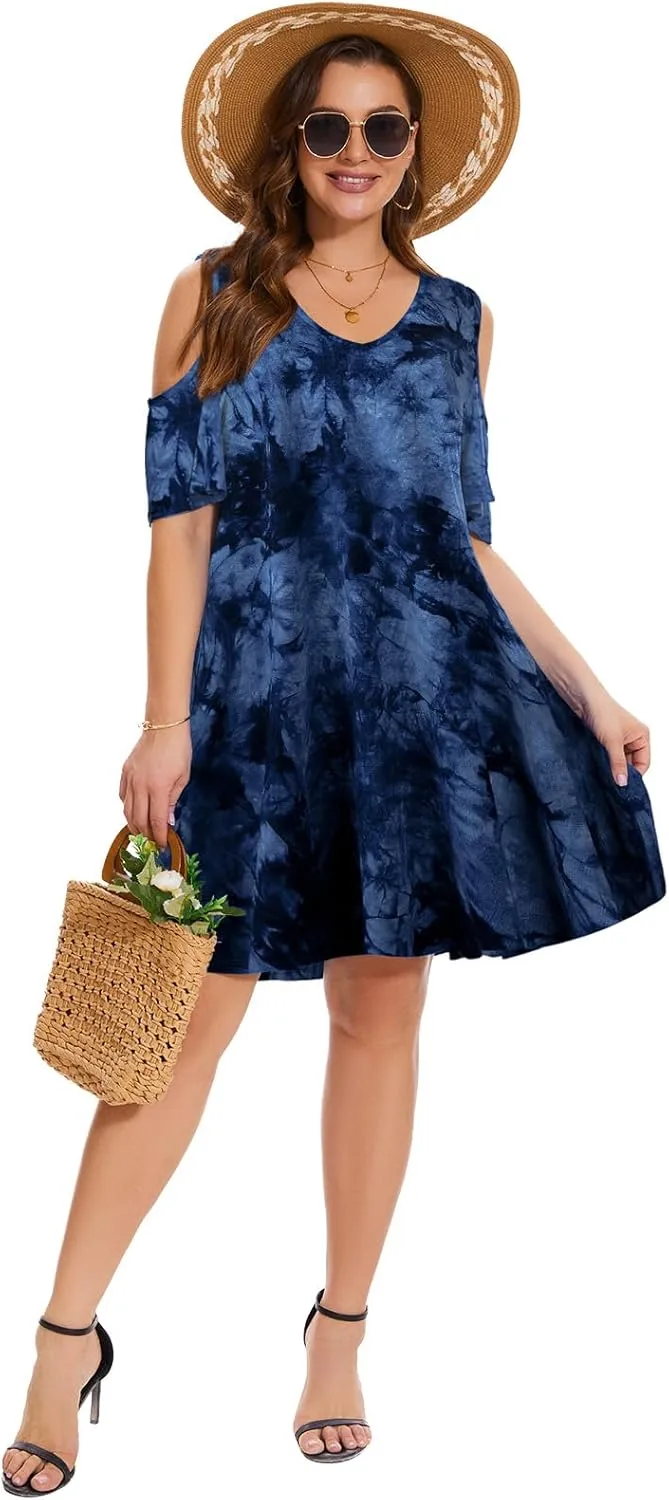 ZENNILO Plus Size Tshirt Dress Cold Shoulder Summer Dresses V Neck Short Sleeve Swing Dress for Women with Pockets